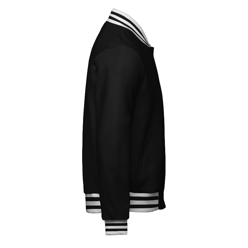 Right of Fleece Letterman Jacket (Stormfront) in Black and White with ribbing in White and Black