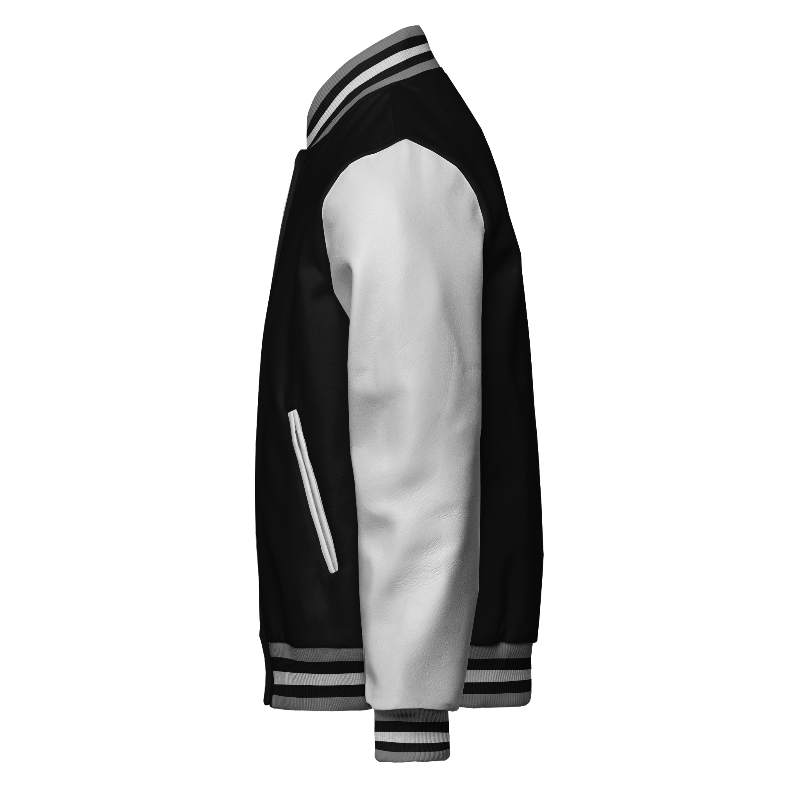 Left of Faux Leather Varsity Jacket in Black and White with White sleeves and ribbing in Light Grey, Black and White