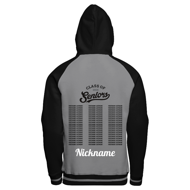 Back of Hoodie in Light Grey with Black sleeves, Black hood, ribbing in Black and Light Grey and decoration on back center including a custom name for personalisation