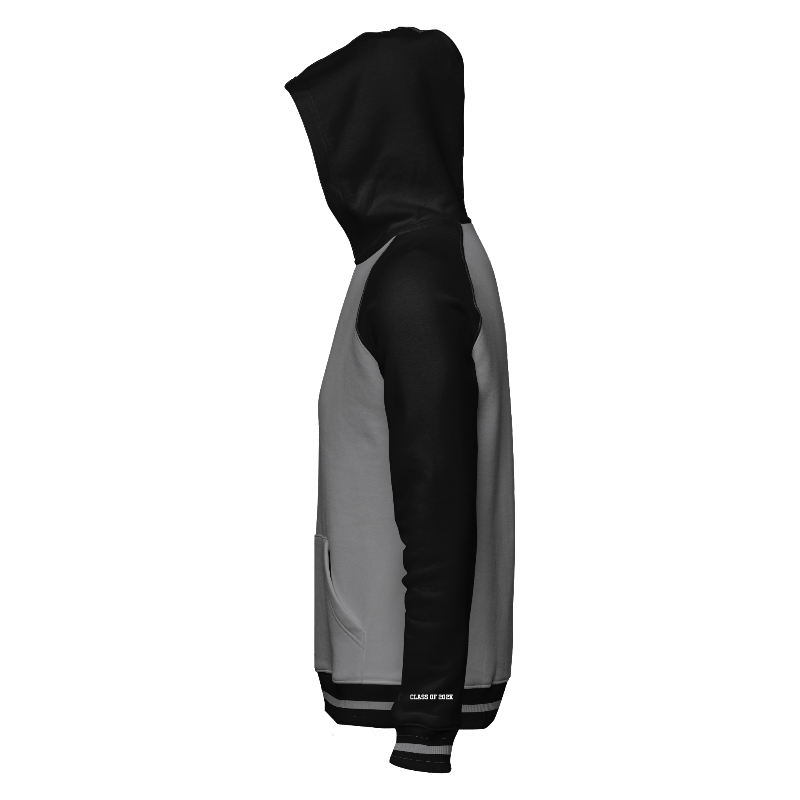 Left of Hoodie in Light Grey with Black sleeves, Black hood, ribbing in Black and Light Grey and decoration on left cuff