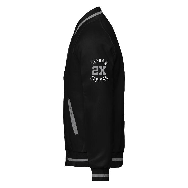 Fleece left of Reversible Varsity Jacket  in Black and Light Grey with ribbing in Black and Light Grey and decoration on sleeve left