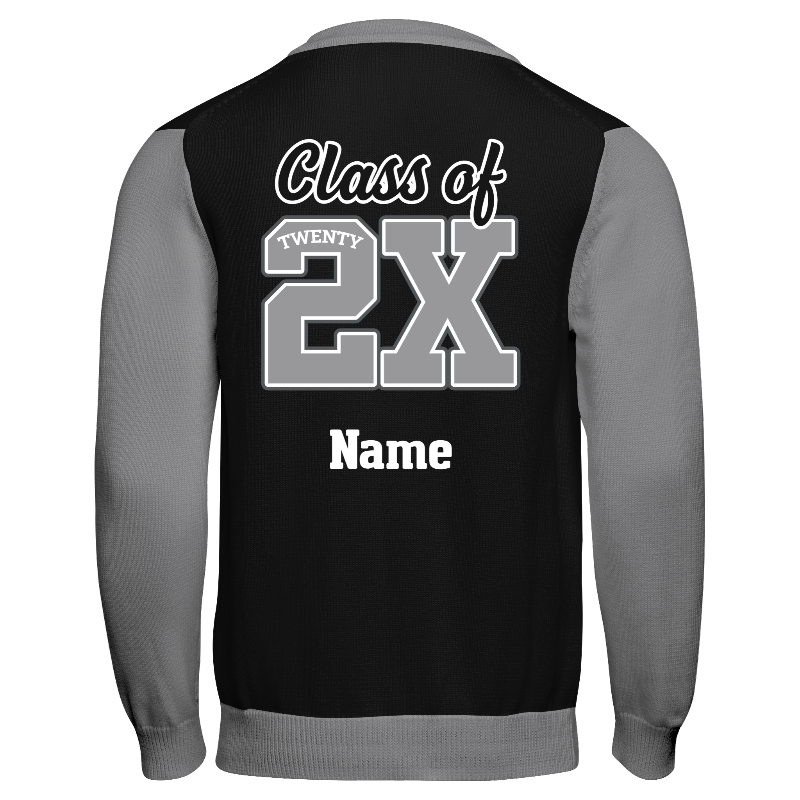 Back of Knitted Varsity Cardigan in Black and Light Grey with Light Grey and Black sleeves, ribbing in Light Grey, Black and White and decoration on back center including a custom name for personalisation