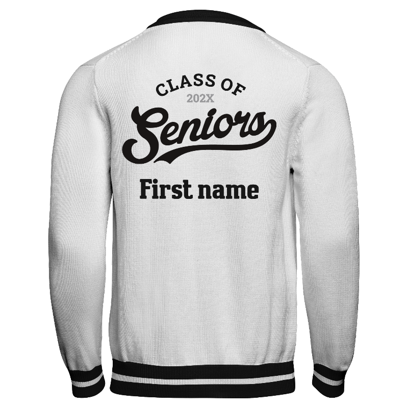 Back of Knitted Varsity Cardigan in White and Black with White and Black sleeves, ribbing in Black and White and decoration on back center including a custom name for personalisation