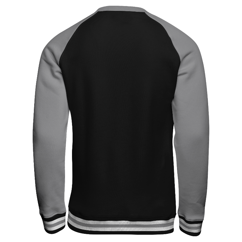 Back of Crew Neck Sweatshirt in Black and Light Gray with Light Gray sleeves and ribbing in Black, White and Light Gray