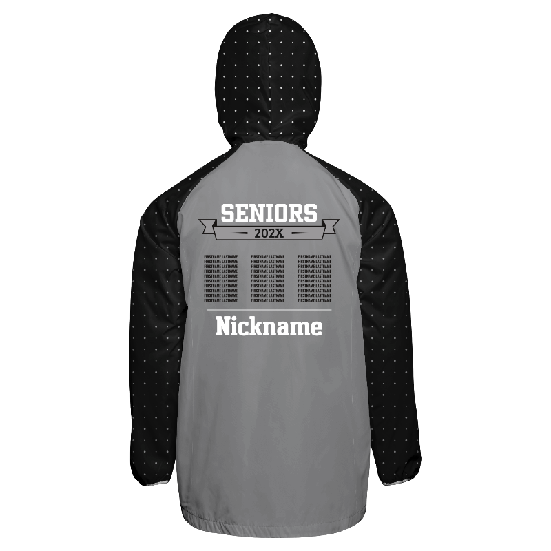 Back of Windbreaker Jacket in Light Gray and Polka Dot in Black and Light Gray with White trim, Polka Dot hood in Black and White and decoration on back center including a custom name for personalization