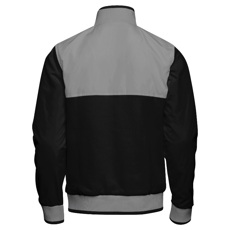 Back of Track Jacket in Light Gray with Black sleeves and ribbing in Black and Light Gray