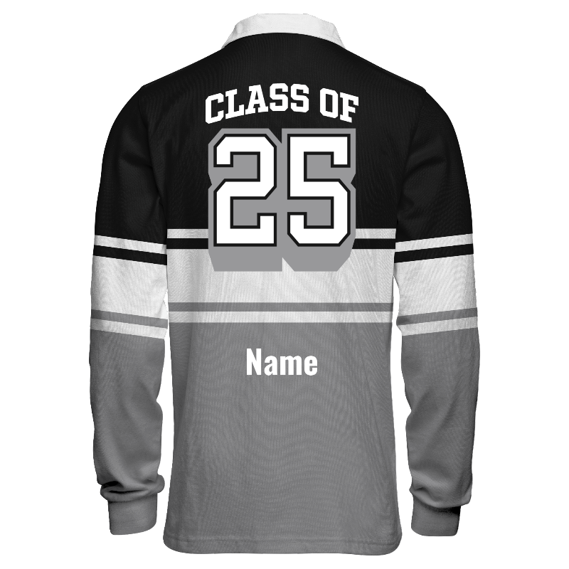 Back of Rugby Jersey  in Black and White with White and Light Grey stripes, ribbing in Light Grey and White and decoration on back center including a custom name for personalisation