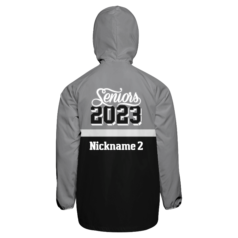Back of Windbreaker Jacket in Light Gray and White with White, Black and Light Gray stripes and decoration on back center including a custom name for personalization