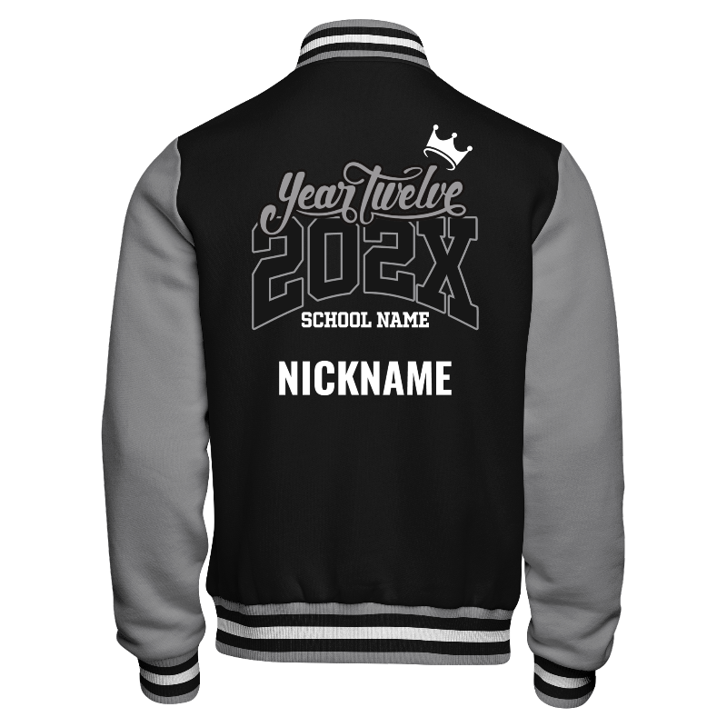 Back of Fleece Varsity Jacket in Black with Light Grey sleeves, ribbing in Light Grey, Black and White and decoration on back center including a custom name for personalisation
