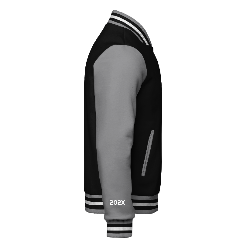 Right of Fleece Varsity Jacket in Black and Light Grey with Light Grey sleeves, ribbing in Light Grey, Black and White and decoration on right cuff