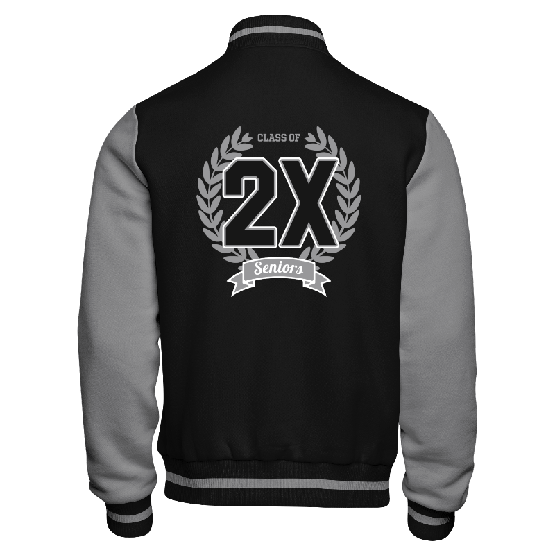 Back of Fleece Varsity Jacket in Black with Light Grey sleeves, ribbing in Black and Light Grey and decoration on back center