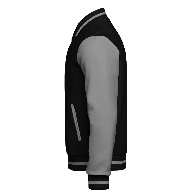Left of Fleece Varsity Jacket in Black and Light Grey with Light Grey sleeves and ribbing in Black and Light Grey