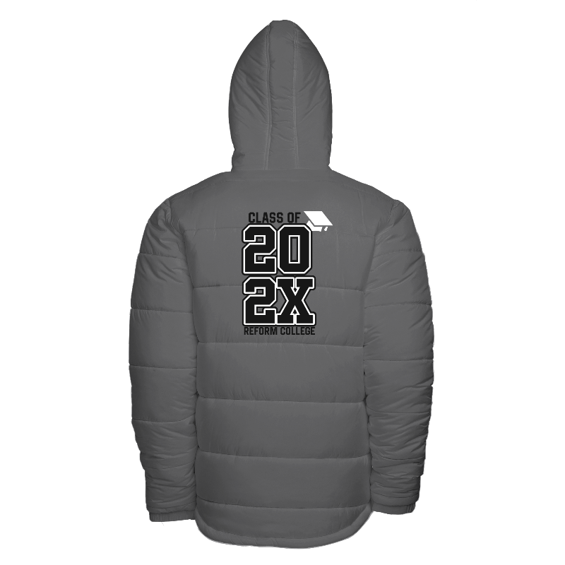 Back of Hooded Puffer Jacket in Light Grey with decoration on back center