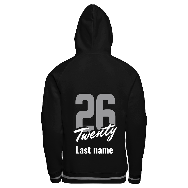 Back of Hoodie in Black with ribbing in Black and Light Gray and decoration on back center including a custom name for personalization