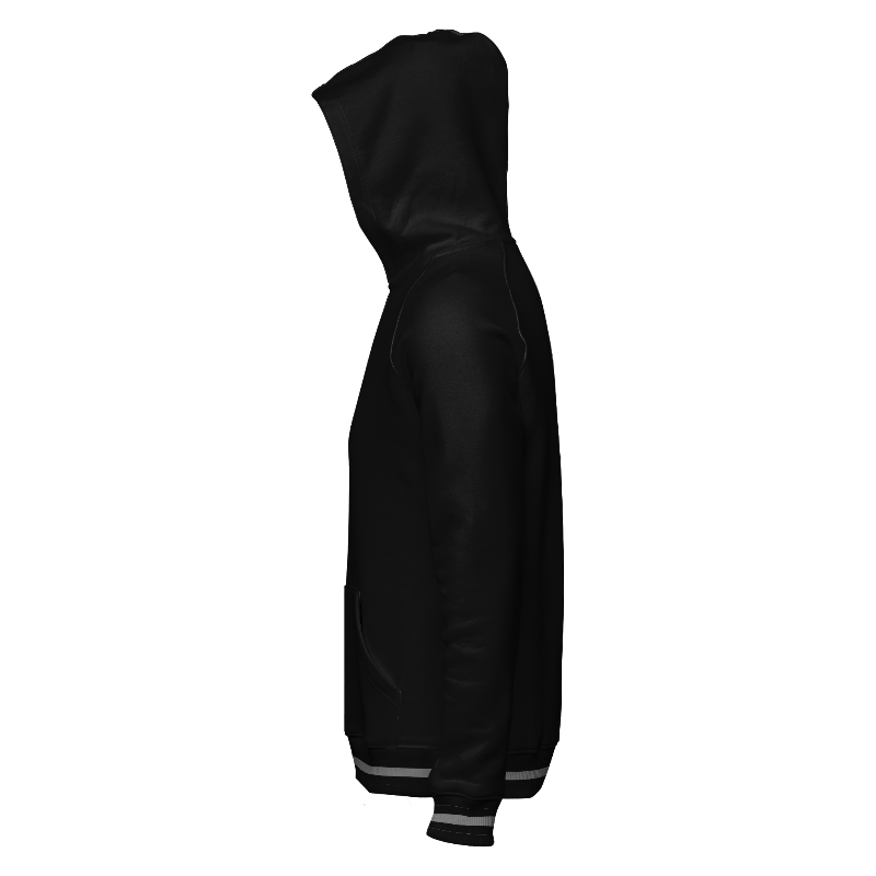 Left of Hoodie in Black with ribbing in Black and Light Gray