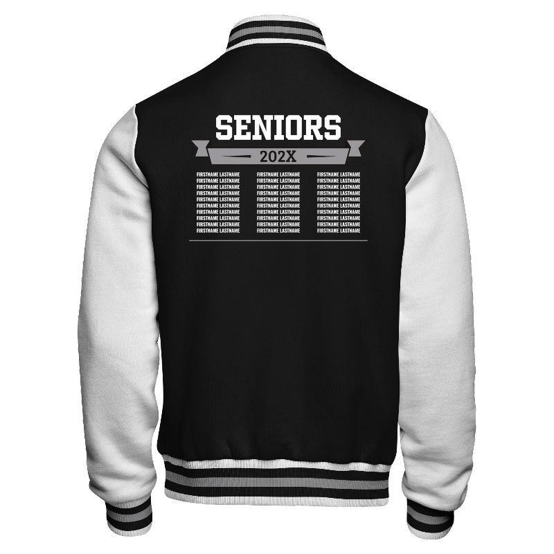 Back of Fleece Varsity Jacket in Black with White sleeves, ribbing in White, Black and Light Grey and decoration on back center