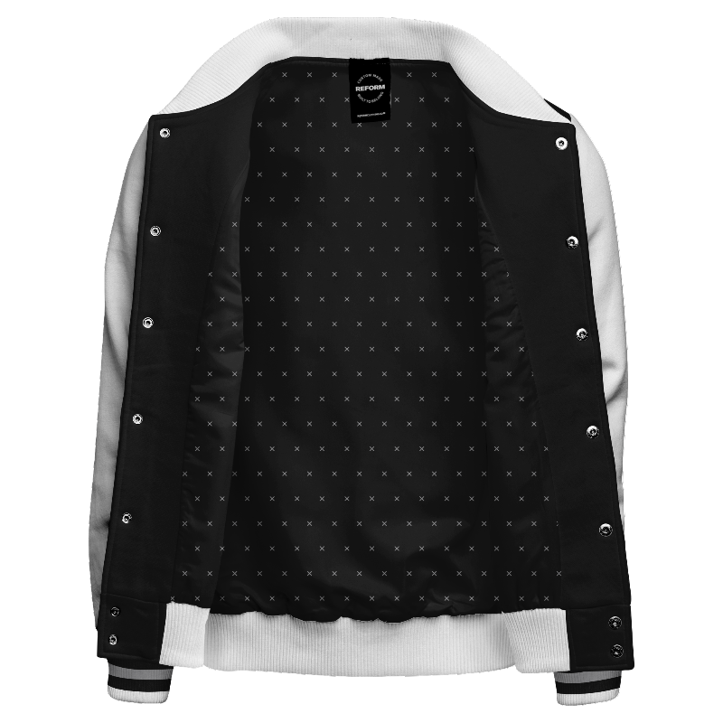 Inside lining of Fleece Varsity Jacket with Crosses lining in Black and Light Grey