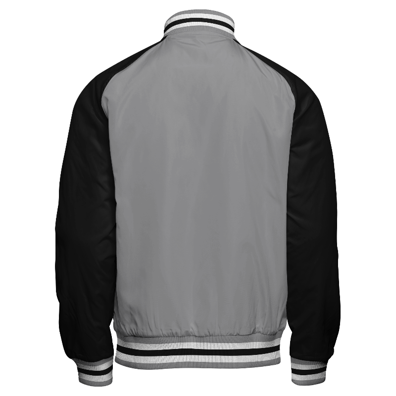 Spray proof back of Reversible Letterman Jacket (Zip) in Light Gray with Black sleeves and ribbing in Light Gray, White and Black
