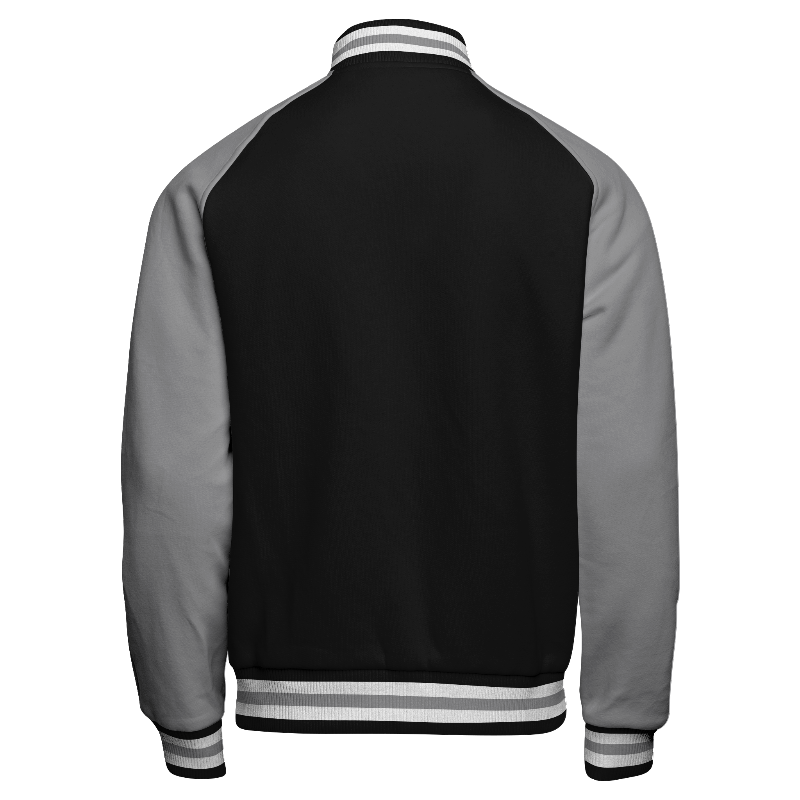 Fleece back of Reversible Letterman Jacket (Zip) in Black with Light Gray sleeves and ribbing in Black, White and Light Gray