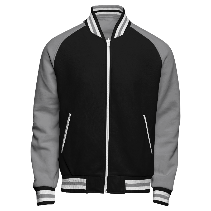 Fleece front of Reversible Letterman Jacket (Zip) in Black and White with Light Gray sleeves and ribbing in Black, White and Light Gray