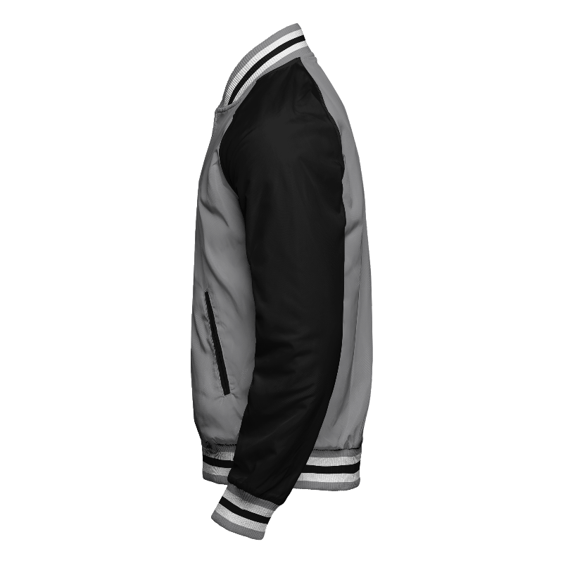 Spray proof left of Reversible Letterman Jacket (Zip) in Light Gray and Black with Black sleeves and ribbing in Light Gray, White and Black