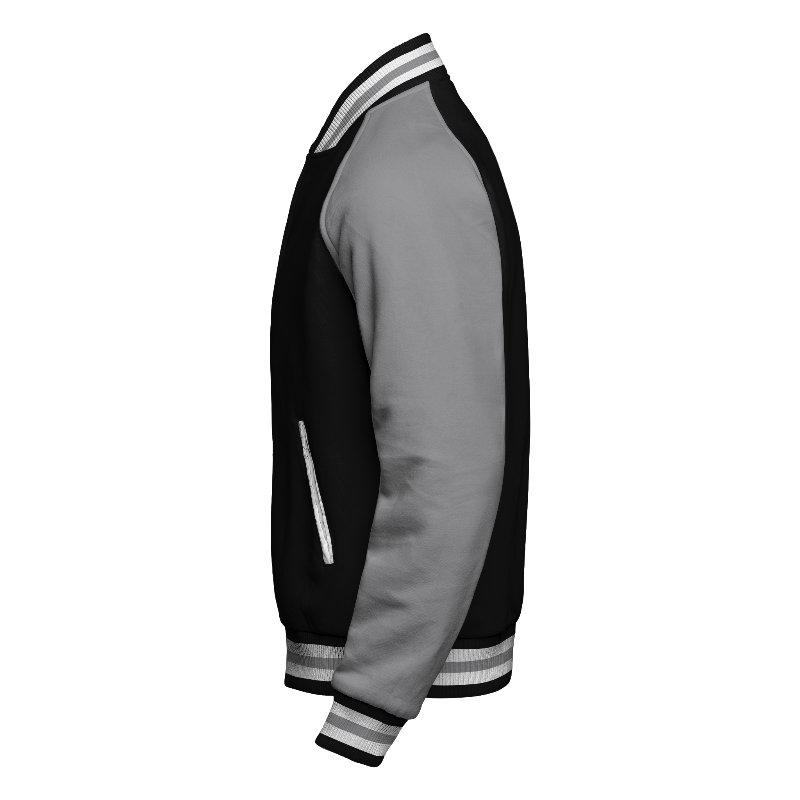 Fleece left of Reversible Letterman Jacket (Zip) in Black and White with Light Gray sleeves and ribbing in Black, White and Light Gray
