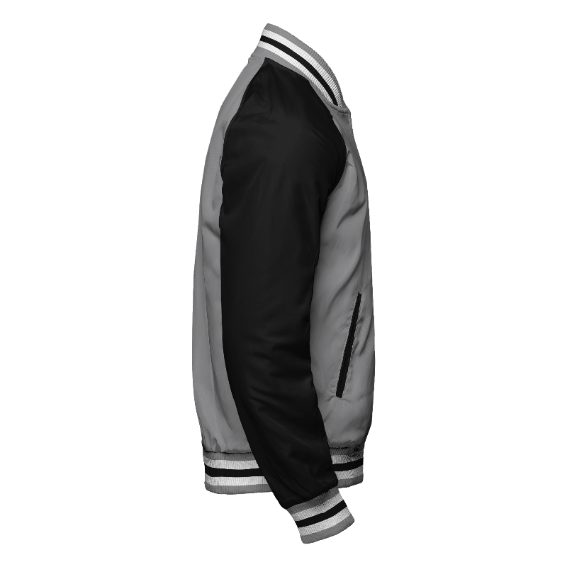 Spray proof right of Reversible Letterman Jacket (Zip) in Light Gray and Black with Black sleeves and ribbing in Light Gray, White and Black