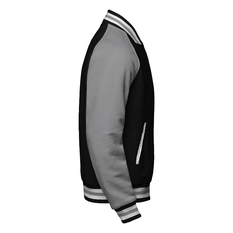 Fleece right of Reversible Letterman Jacket (Zip) in Black and White with Light Gray sleeves and ribbing in Black, White and Light Gray