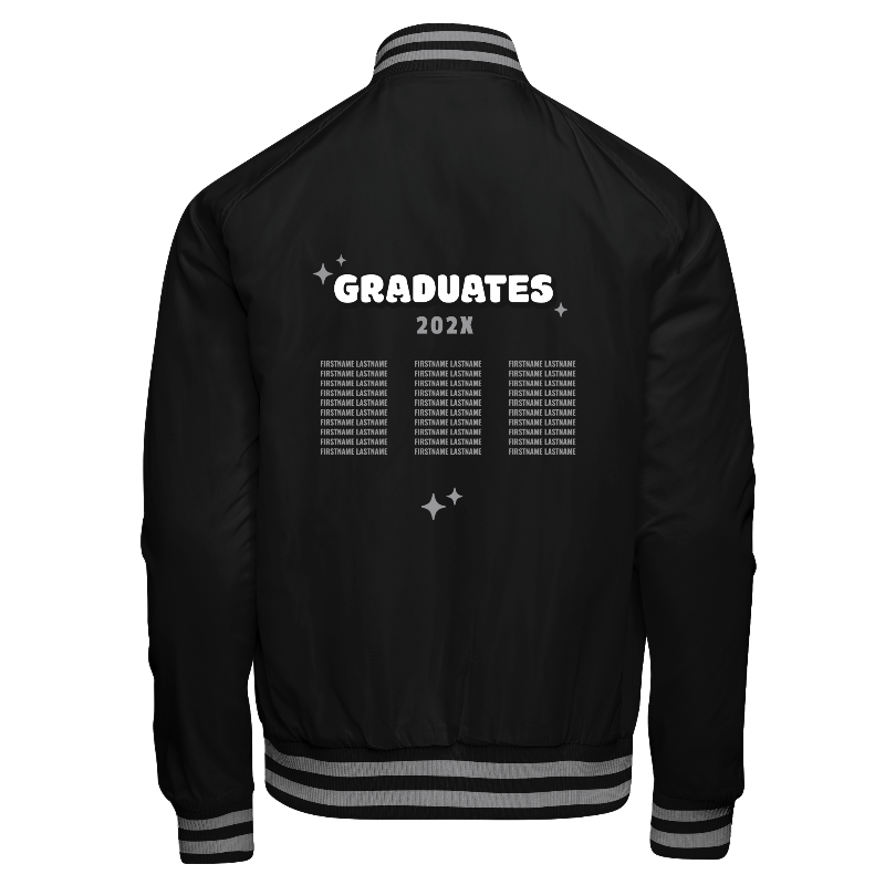 Spray proof back of Reversible Varsity Jacket  in Black with ribbing in Black and Light Grey and decoration on back center