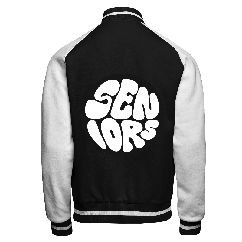 Fleece back of Reversible Varsity Jacket  in Black with White sleeves, ribbing in Black and White and decoration on back center
