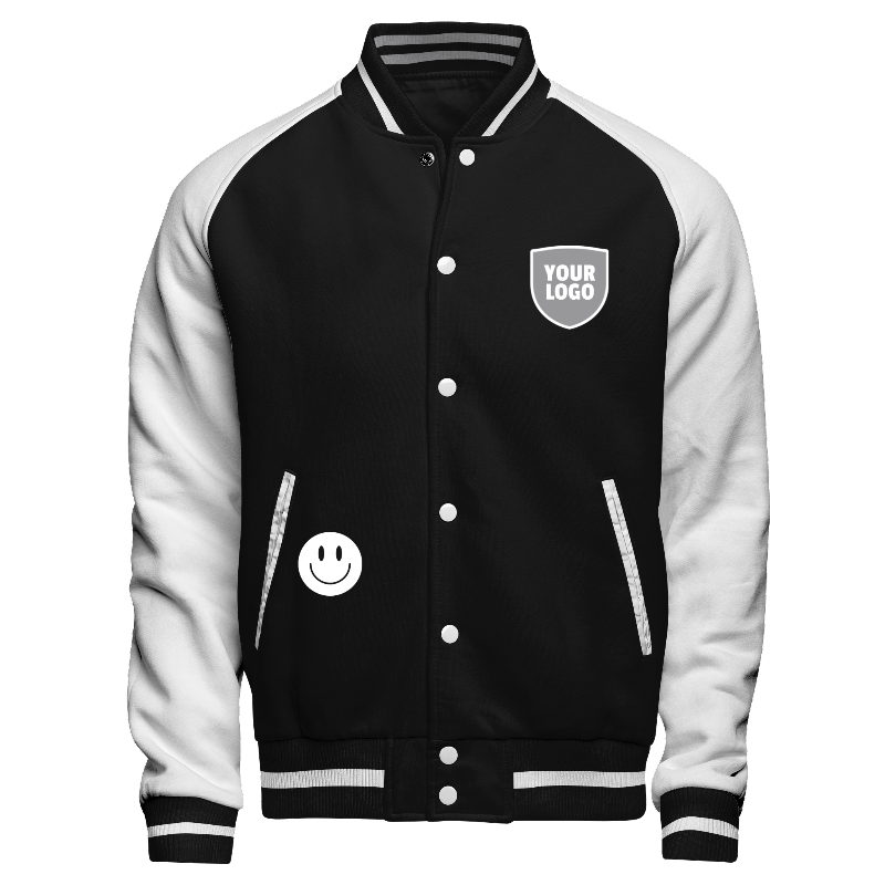 Fleece front of Reversible Varsity Jacket  in Black and White with White sleeves, ribbing in Black and White and decorations on chest left and pocket right