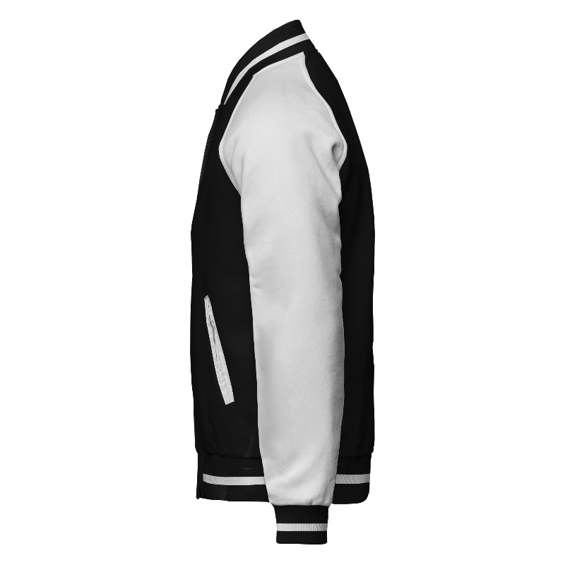 Fleece left of Reversible Varsity Jacket  in Black and White with White sleeves and ribbing in Black and White