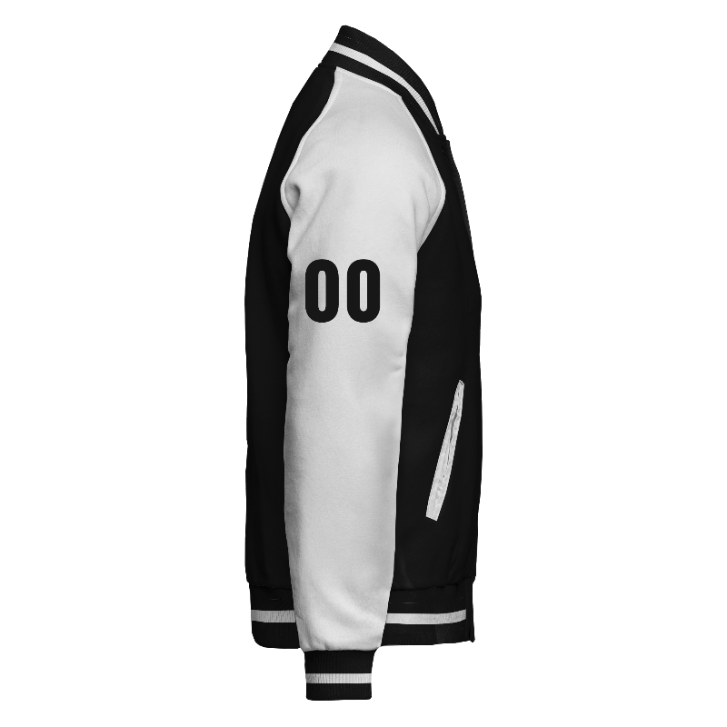 Fleece right of Reversible Varsity Jacket  in Black and White with White sleeves, ribbing in Black and White and a custom name for personalisation on sleeve right