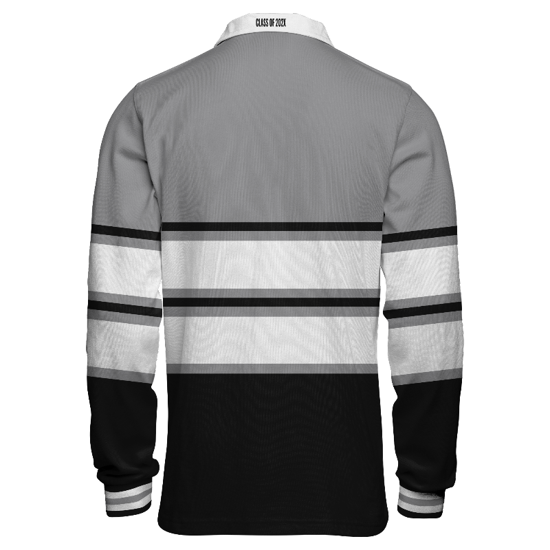 Back of Rugby Jersey  in Light Grey and White with Black and White stripes, ribbing in Black, White and Light Grey and decoration on collar