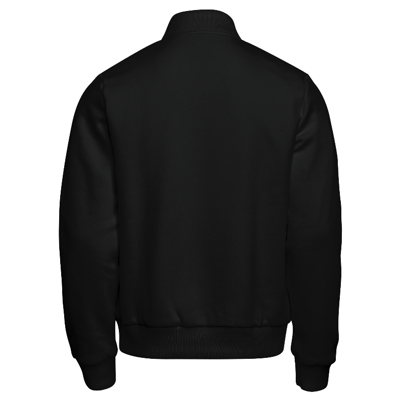 Back of Fleece Varsity Jacket (Stormfront) in Black with ribbing in Black and White