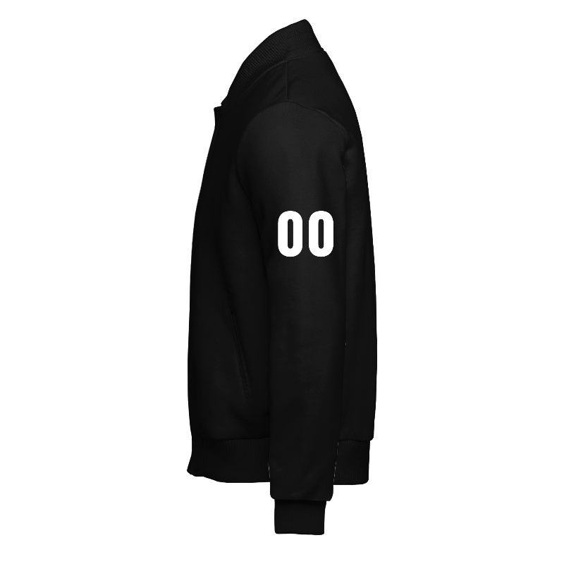 Left of Fleece Varsity Jacket (Stormfront) in Black with ribbing in Black and White and a custom name for personalisation on sleeve left