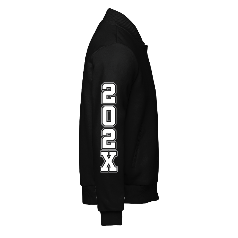 Right of Fleece Varsity Jacket (Stormfront) in Black with ribbing in Black and White and decoration on sleeve right