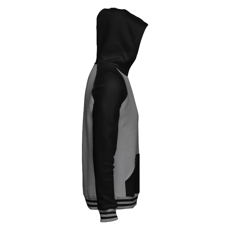 Right of Hoodie in Light Grey and Black with Black sleeves, Black hood and ribbing in Light Grey and Black