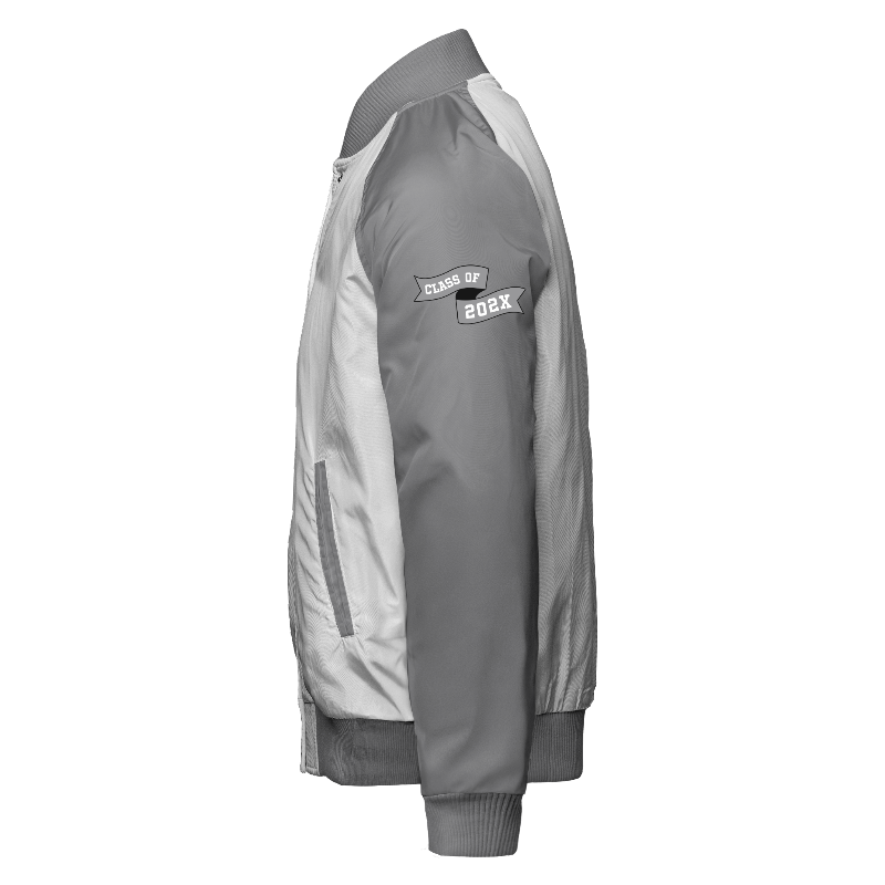 Spray proof left of Reversible Varsity Jacket  in White and Light Grey with Light Grey sleeves, ribbing in Light Grey and White and decoration on sleeve left