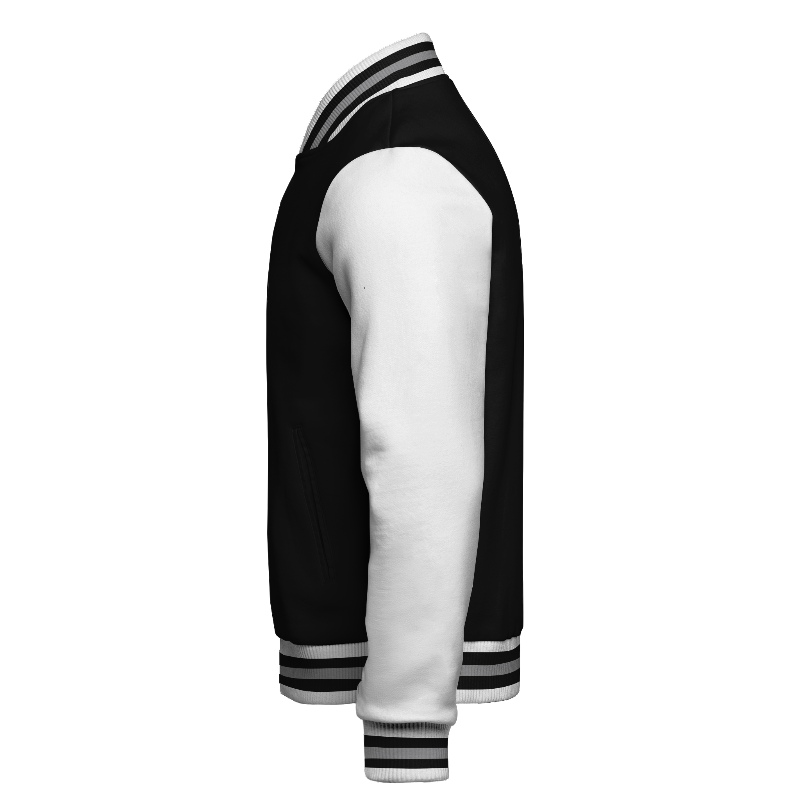 Left of Fleece Varsity Jacket in Black with White sleeves and ribbing in White, Black and Light Grey