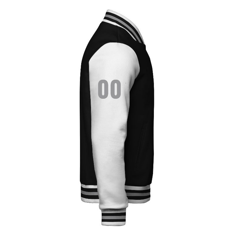 Right of Fleece Varsity Jacket in Black with White sleeves, ribbing in White, Black and Light Grey and a custom name for personalisation on sleeve right