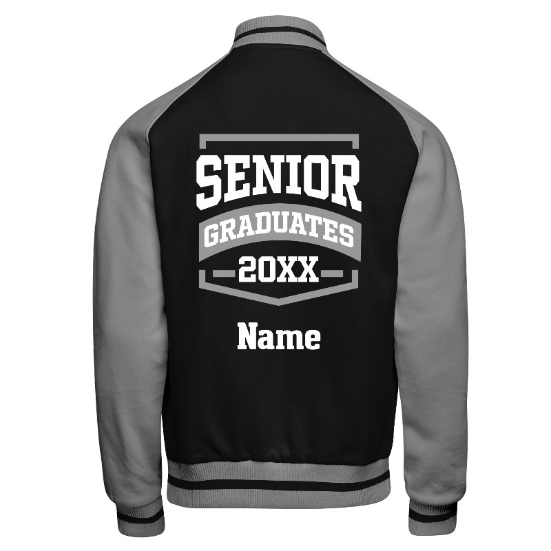 Fleece back of Reversible Varsity Jacket  in Black with Light Grey sleeves, ribbing in Light Grey and Black and decoration on back center including a custom name for personalisation