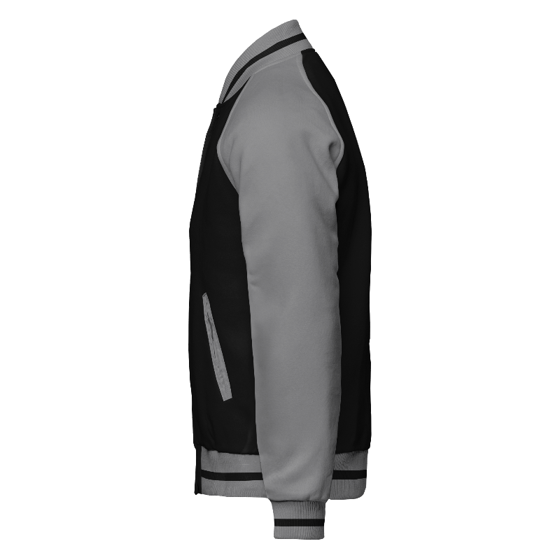 Fleece left of Reversible Varsity Jacket  in Black and Light Grey with Light Grey sleeves and ribbing in Light Grey and Black