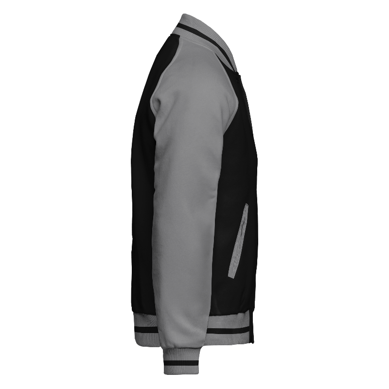 Fleece right of Reversible Varsity Jacket  in Black and Light Grey with Light Grey sleeves and ribbing in Light Grey and Black
