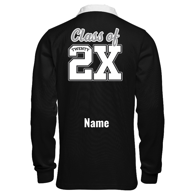 Back of Rugby Jersey  in Black and White with Light Grey and White stripes, ribbing in Black, White and Light Grey and decoration on back center including a custom name for personalisation