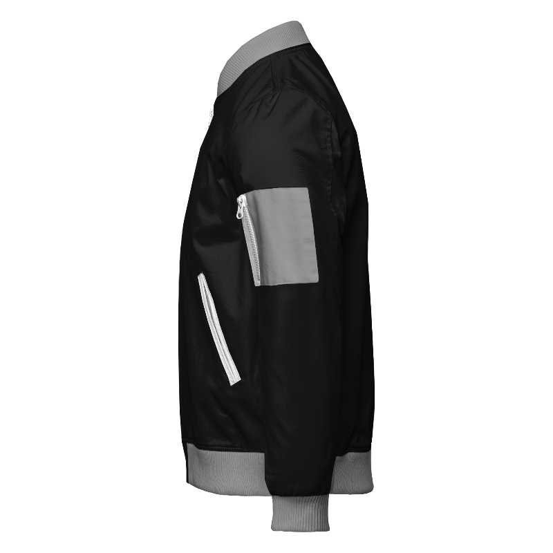 Left of Bomber Jacket in Black, Light Grey and White with Light Grey sleeve pocket and White pocket zip
