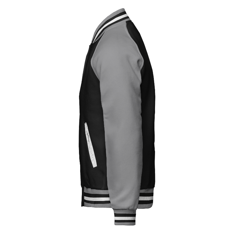 Fleece left of Reversible Varsity Jacket (Zip) in Black and White with Light Grey sleeves and ribbing in Light Grey, Black and White