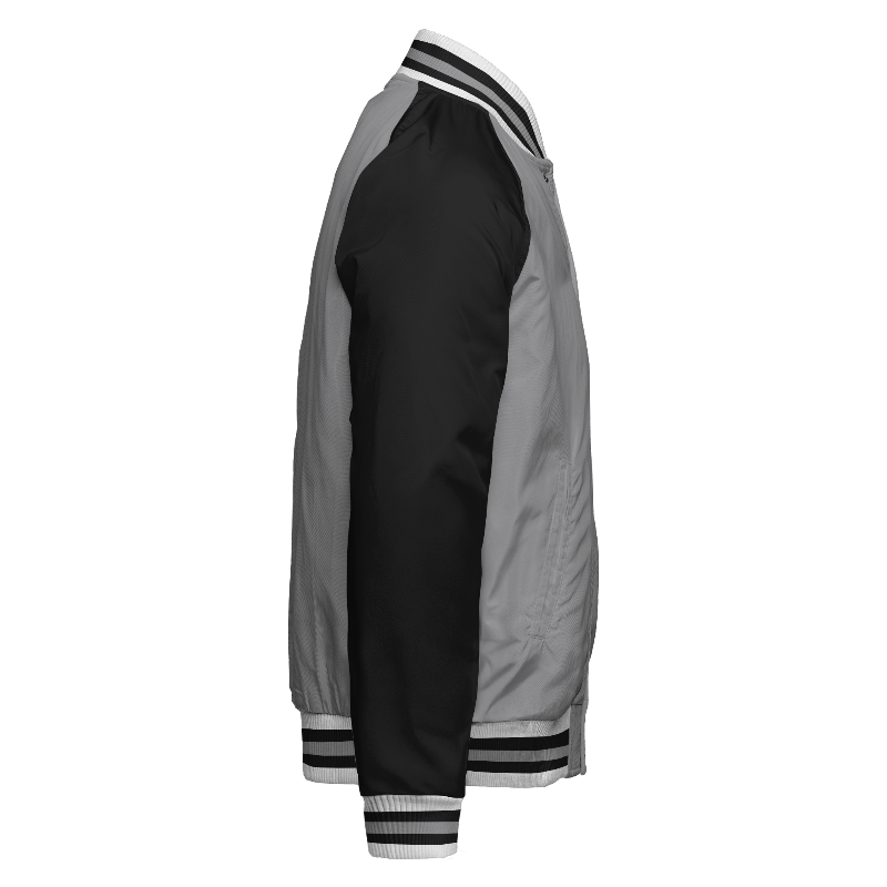 Spray proof right of Reversible Varsity Jacket (Zip) in Light Grey and White with Black sleeves and ribbing in White, Black and Light Grey