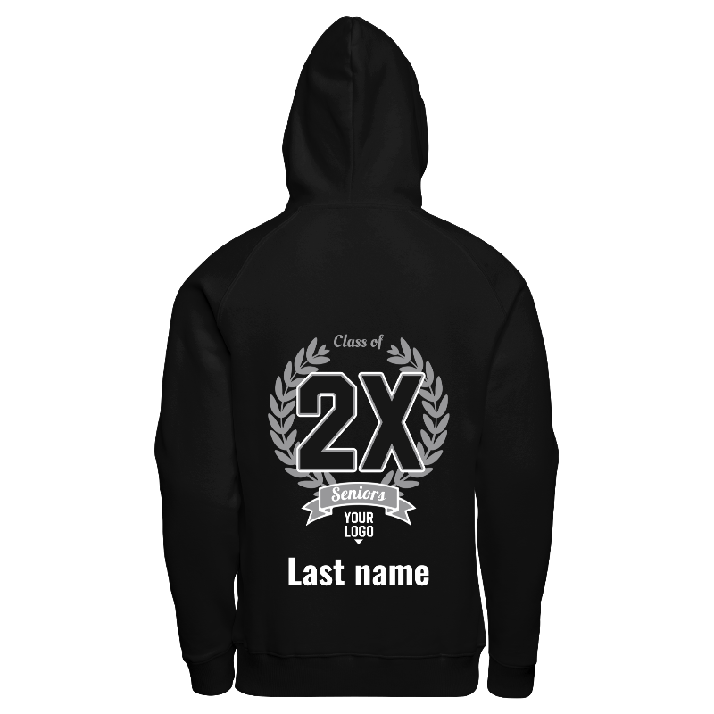 Back of Hoodie in Black with decoration on back center including a custom name for personalisation