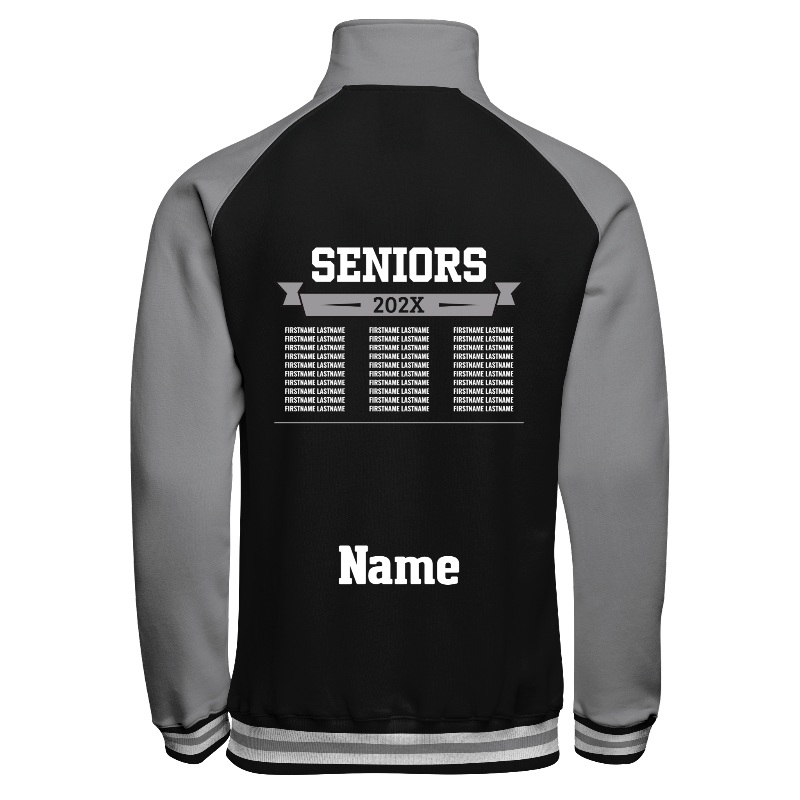 Back of Quarter-Zip Sweatshirt in Black and Light Gray with Light Gray sleeves, ribbing in Black, White and Light Gray and decoration on back center including a custom name for personalization
